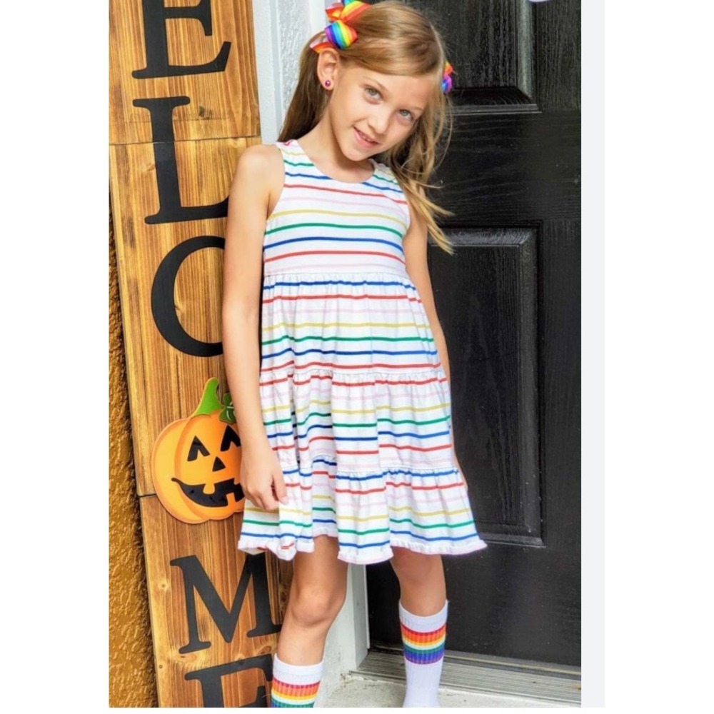 Hanna Andersson Rainbow Striped Tiered Sleeveless Dress Multi Color Size 8
